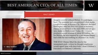 1/8/2021 16
www.welsh-consultants.com
Welsh Consultants
WALT DISNEY
Imagine a world without Mickey. It could have
been. The animator and entrepreneur’s first studio,
Laugh-O-Grams, in Kansas City, Missouri, declared
bankruptcy after less than two years in business.
Disney bounced back in the mid-1920s and set up a
new studio in Hollywood. Today, the company
produces annual revenue of about $35 billion. As
for Mickey, he was inspired by a pet mouse Disney
had while he was working in a Kansas City studio.
THE STAT: Disney lifted the idea for his
amusement park—where he thought employees
would spend time with their kids—from Children’s
Fairyland, in Oakland, California.
BEST AMERICAN CEOs OF ALL TIMES
 