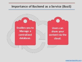 Importance of Backend as a Service (BaaS)
Enables you to
Manage a
centralized
database.
Users can
share your
content via the
cloud.
www.konstantinfo.com
 