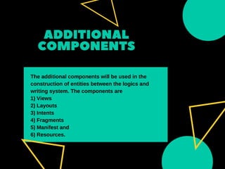 ADDITIONAL
COMPONENTS
PEOPLE-CENTERED
The additional components will be used in the
construction of entities between the logics and
writing system. The components are
1) Views
2) Layouts
3) Intents
4) Fragments
5) Manifest and
6) Resources.
 