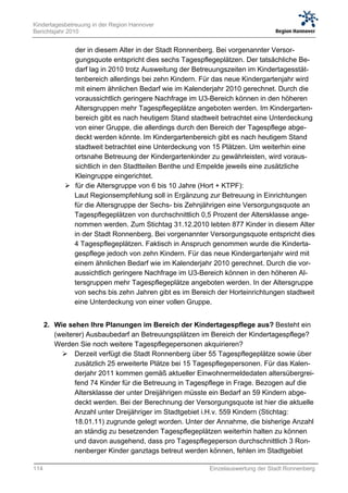 Kindertagesbetreuung in der Region Hannover
Berichtsjahr 2010


              der in diesem Alter in der Stadt Ronnenberg. Bei vorgenannter Versor-
              gungsquote entspricht dies sechs Tagespflegeplätzen. Der tatsächliche Be-
              darf lag in 2010 trotz Ausweitung der Betreuungszeiten im Kindertagesstät-
              tenbereich allerdings bei zehn Kindern. Für das neue Kindergartenjahr wird
              mit einem ähnlichen Bedarf wie im Kalenderjahr 2010 gerechnet. Durch die
              voraussichtlich geringere Nachfrage im U3-Bereich können in den höheren
              Altersgruppen mehr Tagespflegeplätze angeboten werden. Im Kindergarten-
              bereich gibt es nach heutigem Stand stadtweit betrachtet eine Unterdeckung
              von einer Gruppe, die allerdings durch den Bereich der Tagespflege abge-
              deckt werden könnte. Im Kindergartenbereich gibt es nach heutigem Stand
              stadtweit betrachtet eine Unterdeckung von 15 Plätzen. Um weiterhin eine
              ortsnahe Betreuung der Kindergartenkinder zu gewährleisten, wird voraus-
              sichtlich in den Stadtteilen Benthe und Empelde jeweils eine zusätzliche
              Kleingruppe eingerichtet.
             für die Altersgruppe von 6 bis 10 Jahre (Hort + KTPF):
              Laut Regionsempfehlung soll in Ergänzung zur Betreuung in Einrichtungen
              für die Altersgruppe der Sechs- bis Zehnjährigen eine Versorgungsquote an
              Tagespflegeplätzen von durchschnittlich 0,5 Prozent der Altersklasse ange-
              nommen werden. Zum Stichtag 31.12.2010 lebten 877 Kinder in diesem Alter
              in der Stadt Ronnenberg. Bei vorgenannter Versorgungsquote entspricht dies
              4 Tagespflegeplätzen. Faktisch in Anspruch genommen wurde die Kinderta-
              gespflege jedoch von zehn Kindern. Für das neue Kindergartenjahr wird mit
              einem ähnlichen Bedarf wie im Kalenderjahr 2010 gerechnet. Durch die vor-
              aussichtlich geringere Nachfrage im U3-Bereich können in den höheren Al-
              tersgruppen mehr Tagespflegeplätze angeboten werden. In der Altersgruppe
              von sechs bis zehn Jahren gibt es im Bereich der Horteinrichtungen stadtweit
              eine Unterdeckung von einer vollen Gruppe.


      2. Wie sehen Ihre Planungen im Bereich der Kindertagespflege aus? Besteht ein
         (weiterer) Ausbaubedarf an Betreuungsplätzen im Bereich der Kindertagespflege?
         Werden Sie noch weitere Tagespflegepersonen akquirieren?
            Derzeit verfügt die Stadt Ronnenberg über 55 Tagespflegeplätze sowie über
                zusätzlich 25 erweiterte Plätze bei 15 Tagespflegepersonen. Für das Kalen-
                derjahr 2011 kommen gemäß aktueller Einwohnermeldedaten altersübergrei-
                fend 74 Kinder für die Betreuung in Tagespflege in Frage. Bezogen auf die
                Altersklasse der unter Dreijährigen müsste ein Bedarf an 59 Kindern abge-
                deckt werden. Bei der Berechnung der Versorgungsquote ist hier die aktuelle
                Anzahl unter Dreijähriger im Stadtgebiet i.H.v. 559 Kindern (Stichtag:
                18.01.11) zugrunde gelegt worden. Unter der Annahme, die bisherige Anzahl
                an ständig zu besetzenden Tagespflegeplätzen weiterhin halten zu können
                und davon ausgehend, dass pro Tagespflegeperson durchschnittlich 3 Ron-
                nenberger Kinder ganztags betreut werden können, fehlen im Stadtgebiet

114                                                       Einzelauswertung der Stadt Ronnenberg
 