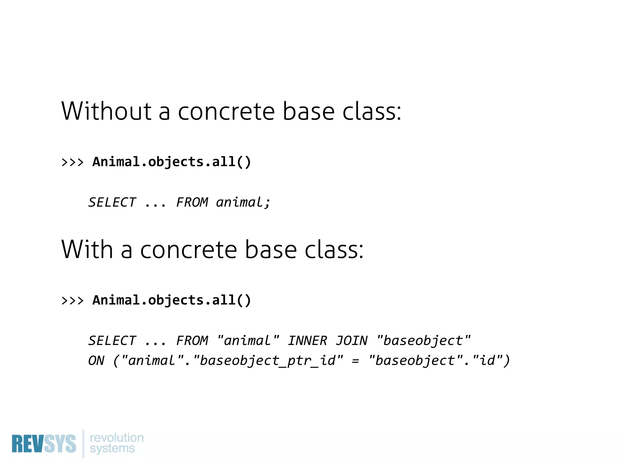 Without a concrete base class:
>>>  Animal.objects.all()

   SELECT  ...  FROM  animal;


With a concrete base class:
>>>  Animal.objects.all()

   SELECT  ...  FROM  "animal"  INNER  JOIN  "baseobject"  
   ON  ("animal"."baseobject_ptr_id"  =  "baseobject"."id")
 