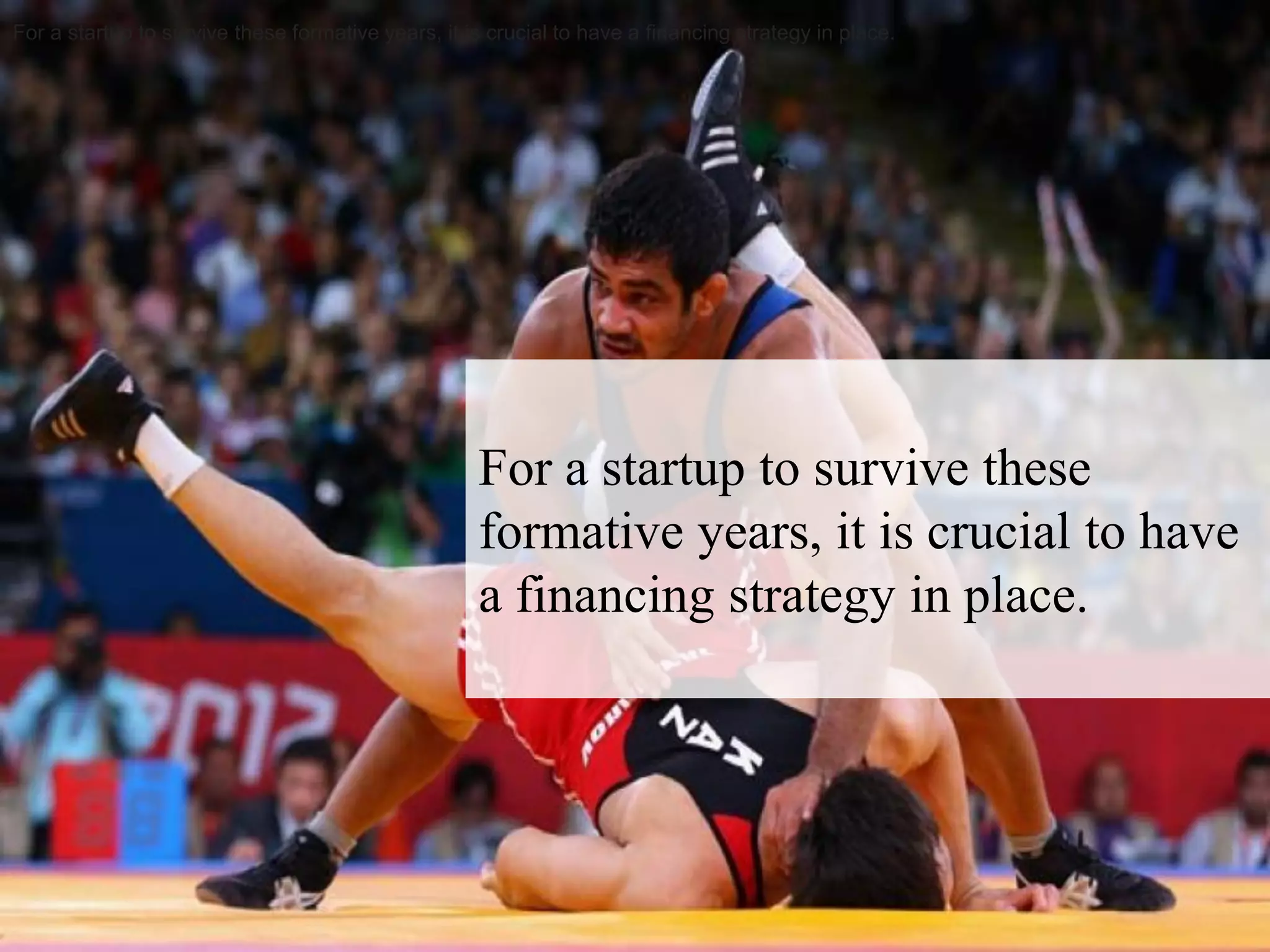 For a startup to survive these
formative years, it is crucial to have
a financing strategy in place.
For a startup to survive these formative years, it is crucial to have a financing strategy in place.
 