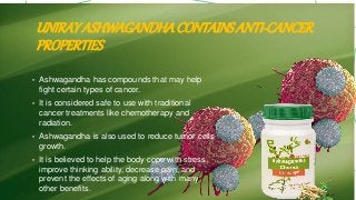 UNIRAYASHWAGANDHACONTAINSANTI-CANCER
PROPERTIES
• Ashwagandha has compounds that may help
fight certain types of cancer.
• It is considered safe to use with traditional
cancer treatments like chemotherapy and
radiation.
• Ashwagandha is also used to reduce tumor cells
growth.
• It is believed to help the body cope with stress,
improve thinking ability, decrease pain, and
prevent the effects of aging along with many
other benefits.
 
