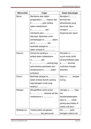 Modul Sempoi Biologi Tingkatan 4
Zulkarnain Jamaluddin @ 2015 Page 102
Mikronutrien fungsi Kesan kekurangan
Boron Membantu akar dalam
pengambilan i........ kalsium dan
tr.................... gula; terlibat
dalam metabolisme
k.......................... dan
membantu perc...................
debunga; diperlukan untuk
pembahagian m............... dalam
sel m....................... dan
bertindak sebagai ko................
dalam sintesis kl....................
Kematian t..............
terminal dan
pertumbuhan yang
abnormal; daun
menjadi t................,
bergulung dan rapuh
Kuprum Komponen penting e..............;
terlibat dalam metabolisme
ni................. dan
f.............................; penting bagi
pertumbuhan pembiakan dan
pembentukan b............. dalam
tumbuhan.
Kematian a............
pucuk muda; bintik
perang kelihatan pada
d............ terminal;
tumbuhan menjadi
terbantut.
Ferum Bertindak sebagai ko................
dalam sintesis klorofil; penting
bagi bahagian muda yang
sedang t...................
Daun m.......... menjadi
kuning.
Mangan Mengaktifkan enzim-enzim
f.......................; respirasi sel dan
metabolisme n...................
Jaringan u.......... hijau
tua
berlatarbelakangkan
hijau m.........; bintik
perang atau kelabu di
antara urat daun.
Molibdenum Terlibat dalam pengikatan
n................. dan penurunan
Klo............. pada
bahagian antara urat
 