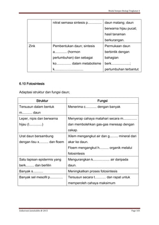 Modul Sempoi Biologi Tingkatan 4
Zulkarnain Jamaluddin @ 2015 Page 103
nitrat semasa sintesis p............... daun matang; daun
berwarna hijau pucat;
hasil tanaman
berkurangan.
Zink Pembentukan daun; sintesis
a............. (hormon
pertumbuhan) dan sebagai
ko................ dalam metabolisme
k...............................
Permukaan daun
berbintik dengan
bahagian
berk....................;
pertumbuhan terbantut.
6.10 Fotosintesis
Adaptasi struktur dan fungsi daun;
Struktur Fungsi
Tersusun dalam bentuk
m........... daun
Menerima c............ dengan banyak
Leper, nipis dan berwarna
hijau (l..............)
Menyerap cahaya matahari secara m...............
dan membolehkan gas-gas meresap dengan
cekap.
Urat daun bersambung
dengan tisu x.......... dan floem
Xilem mengangkut air dan g......... mineral dari
akar ke daun.
Floem mengangkut h.......... organik melalui
fotosintesis
Satu lapisan epidermis yang
berk......... dan berlilin
Mengurangkan k.................. air daripada
daun.
Banyak s........... Meningkatkan proses fotosintesis
Banyak sel mesofil p.............. Tersusun secara t............ dan rapat untuk
memperoleh cahaya maksimum
 