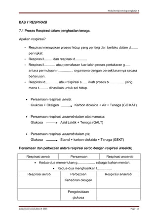 Modul Sempoi Biologi Tingkatan 4
Zulkarnain Jamaluddin @ 2015 Page 115
BAB 7 RESPIRASI
7.1 Proses Respirasi dalam penghasilan tenaga.
Apakah respirasi?
- Respirasi merupakan proses hidup yang penting dan berlaku dalam d........
peringkat:
- Respirasi l......... dan respirasi d.............
- Respirasi l............ atau pernafasan luar ialah proses pertukaran g......
antara permukaan r................. organisma dengan persekitarannya secara
berterusan.
- Respirasi d.............. atau respirasi s...... ialah proses b................. yang
mana t.......... dihasilkan untuk sel hidup.
 Persamaan respirasi aerob;
Glukosa + Oksigen Karbon dioksida + Air + Tenaga (GO KAT)
 Persamaan respirasi anaerob dalam otot manusia;
Glukosa Asid Laktik + Tenaga (GALT)
 Persamaan respirasi anaerob dalam yis;
Glukosa Etanol + karbon dioksida + Tenaga (GEKT)
Persamaan dan perbezaan antara respirasi aerob dengan respirasi anaerob;
Respirasi aerob Persamaan Respirasi anaerob
 Kedua-dua memerlukan g................... sebagai bahan mentah.
 Kedua-dua menghasilkan t................
Respirasi aerob Perbezaan Respirasi anaerob
Kehadiran oksigen
Pengoksidaan
glukosa
 