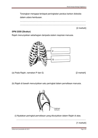 Modul Sempoi Biologi Tingkatan 4
Zulkarnain Jamaluddin @ 2015 Page 129
Terangkan mengapa terdapat peningkatan peratus karbon dioksida
dalam udara hembusan.
...................................................................................................................
...................................................................................................................
[2 markah]
SPM 2009 (Struktur)
Rajah menunjukkan sebahagian daripada sistem respirasi manusia.
(a) Pada Rajah, namakan P dan Q. [2 markah]
(b) Rajah di bawah menunjukkan satu peringkat dalam pernafasan manusia.
(i) Nyatakan peringkat pernafasan yang ditunjukkan dalam Rajah di atas.
.........................................................................................................................
[1 markah]
 