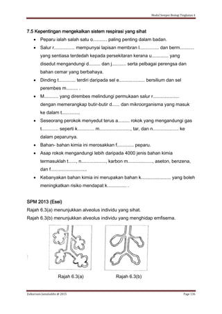 Modul Sempoi Biologi Tingkatan 4
Zulkarnain Jamaluddin @ 2015 Page 136
7.5 Kepentingan mengekalkan sistem respirasi yang sihat
 Peparu ialah salah satu o........... paling penting dalam badan.
 Salur r................ mempunyai lapisan membran l............... dan berm...........
yang sentiasa terdedah kepada persekitaran kerana u............. yang
disedut mengandungi d......... dan j........... serta pelbagai perengsa dan
bahan cemar yang berbahaya.
 Dinding t............. terdiri daripada sel e.................... bersilium dan sel
perembes m......... .
 M........... yang dirembes melindungi permukaan salur r....................
dengan memerangkap butir-butir d...... dan mikroorganisma yang masuk
ke dalam t..............
 Seseorang perokok menyedut terus a......... rokok yang mengandungi gas
t............. seperti k............. m........................, tar, dan n.................... ke
dalam peparunya.
 Bahan- bahan kimia ini merosakkan f............. peparu.
 Asap rokok mengandungi lebih daripada 4000 jenis bahan kimia
termasuklah t......, n..................., karbon m..................., aseton, benzena,
dan f............................
 Kebanyakan bahan kimia ini merupakan bahan k....................... yang boleh
meningkatkan risiko mendapat k............... .
SPM 2013 (Esei)
Rajah 6.3(a) menunjukkan alveolus individu yang sihat.
Rajah 6.3(b) menunjukkan alveolus individu yang menghidap emfisema.
Rajah 6.3(a) Rajah 6.3(b)
 