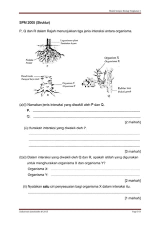 Modul Sempoi Biologi Tingkatan 4
Zulkarnain Jamaluddin @ 2015 Page 143
SPM 2005 (Struktur)
P, Q dan R dalam Rajah menunjukkan tiga jenis interaksi antara organisma.
(a)(i) Namakan jenis interaksi yang diwakili oleh P dan Q.
P: ...................................................................................................................
Q: ...................................................................................................................
[2 markah]
(ii) Huraikan interaksi yang diwakili oleh P.
.......................................................................................................................
.......................................................................................................................
.......................................................................................................................
[3 markah]
(b)(i) Dalam interaksi yang diwakili oleh Q dan R, apakah istilah yang digunakan
untuk menghuraikan organisma X dan organisma Y?
Organisma X: ...............................................................................................
Organisma Y: ...............................................................................................
[2 markah]
(ii) Nyatakan satu ciri penyesuaian bagi organisma X dalam interaksi itu.
........................................................................................................................
[1 markah]
 