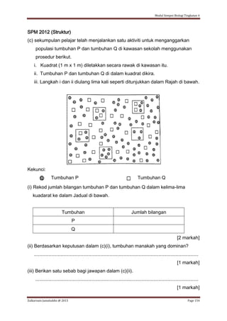 Modul Sempoi Biologi Tingkatan 4
Zulkarnain Jamaluddin @ 2015 Page 154
SPM 2012 (Struktur)
(c) sekumpulan pelajar telah menjalankan satu aktiviti untuk menganggarkan
populasi tumbuhan P dan tumbuhan Q di kawasan sekolah menggunakan
prosedur berikut.
i. Kuadrat (1 m x 1 m) diletakkan secara rawak di kawasan itu.
ii. Tumbuhan P dan tumbuhan Q di dalam kuadrat dikira.
iii. Langkah i dan ii diulang lima kali seperti ditunjukkan dalam Rajah di bawah.
Kekunci:
Tumbuhan P Tumbuhan Q
(i) Rekod jumlah bilangan tumbuhan P dan tumbuhan Q dalam kelima-lima
kuadarat ke dalam Jadual di bawah.
Tumbuhan Jumlah bilangan
P
Q
[2 markah]
(ii) Berdasarkan keputusan dalam (c)(i), tumbuhan manakah yang dominan?
............................................................................................................................
[1 markah]
(iii) Berikan satu sebab bagi jawapan dalam (c)(ii).
...........................................................................................................................
[1 markah]
 