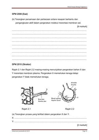 Modul Sempoi Biologi Tingkatan 4
Zulkarnain Jamaluddin @ 2015 Page 33
SPM 2008 (Esei)
(b) Terangkan persamaan dan perbezaan antara resapan berbantu dan
pengangkutan aktif dalam pergerakan molekul merentasi membran sel.
[8 markah]
.................................................................................................................................
.................................................................................................................................
.................................................................................................................................
.................................................................................................................................
.................................................................................................................................
.................................................................................................................................
.................................................................................................................................
.................................................................................................................................
.................................................................................................................................
SPM 2010 (Struktur)
Rajah 2.1 dan Rajah 2.2 masing-masing menunjukkan pergerakan bahan X dan
Y merentasi membran plasma. Pergerakan X memerlukan tenaga tetapi
pergerakan Y tidak memerlukan tenaga.
Rajah 2.1 Rajah 2.2
(a) Terangkan proses yang terlibat dalam pergerakan X dan Y.
X: .............................................................................................................................
Y: .............................................................................................................................
[2 markah]
 