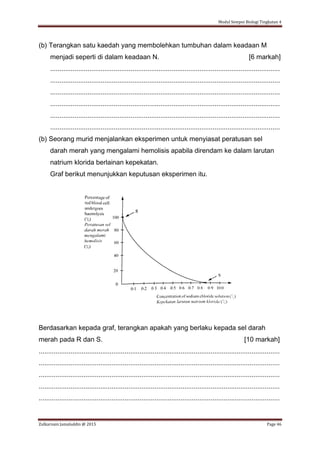Modul Sempoi Biologi Tingkatan 4
Zulkarnain Jamaluddin @ 2015 Page 46
(b) Terangkan satu kaedah yang membolehkan tumbuhan dalam keadaan M
menjadi seperti di dalam keadaan N. [6 markah]
...........................................................................................................................
...........................................................................................................................
...........................................................................................................................
...........................................................................................................................
...........................................................................................................................
...........................................................................................................................
(b) Seorang murid menjalankan eksperimen untuk menyiasat peratusan sel
darah merah yang mengalami hemolisis apabila direndam ke dalam larutan
natrium klorida berlainan kepekatan.
Graf berikut menunjukkan keputusan eksperimen itu.
Berdasarkan kepada graf, terangkan apakah yang berlaku kepada sel darah
merah pada R dan S. [10 markah]
.................................................................................................................................
.................................................................................................................................
.................................................................................................................................
.................................................................................................................................
.................................................................................................................................
 
