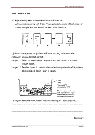 Modul Sempoi Biologi Tingkatan 4
Zulkarnain Jamaluddin @ 2015 Page 58
SPM 2006 (Struktur)
(iii) Rajah menunjukkan suatu mekanisme tindakan enzim.
Lukiskan rajah dalam petak III dan IV yang disediakan dalam Rajah di bawah
untuk melengkapkan mekanisme tindakan enzim tersebut.
(c) Dalam suatu proses penyediaan makanan, seorang suri rumah telah
melakukan langkah-langkah berikut:
Langkah 1: Perap kepingan daging dengan hirisan buah betik muda dalam
sebuah besen.
Langkah 2: Rendam besen itu ke dalam bekas berisi air pada suhu 400C selama
30 minit seperti dalam Rajah di bawah.
Terangkan mengapa suri rumah itu melakukan Langkah 1 dan Langkah 2.
.................................................................................................................................
.................................................................................................................................
.................................................................................................................................
.................................................................................................................................
[4 markah]
 