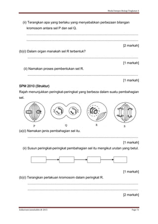 Modul Sempoi Biologi Tingkatan 4
Zulkarnain Jamaluddin @ 2015 Page 72
(ii) Terangkan apa yang berlaku yang menyebabkan perbezaan bilangan
kromosom antara sel P dan sel Q.
.........................................................................................................................
.........................................................................................................................
[2 markah]
(b)(i) Dalam organ manakah sel R terbentuk?
........................................................................................................................
[1 markah]
(ii) Namakan proses pembentukan sel R.
........................................................................................................................
[1 markah]
SPM 2010 (Struktur)
Rajah menunjukkan peringkat-peringkat yang berbeza dalam suatu pembahagian
sel.
(a)(i) Namakan jenis pembahagian sel itu.
........................................................................................................................
[1 markah]
(ii) Susun peringkat-peringkat pembahagian sel itu mengikut urutan yang betul.
[1 markah]
(b)(i) Terangkan perlakuan kromosom dalam peringkat R.
........................................................................................................................
........................................................................................................................
[2 markah]
 