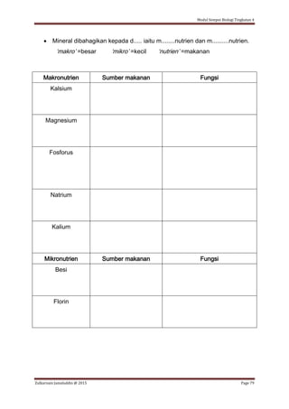 Modul Sempoi Biologi Tingkatan 4
Zulkarnain Jamaluddin @ 2015 Page 79
 Mineral dibahagikan kepada d..... iaitu m........nutrien dan m..........nutrien.
‘makro’ =besar ‘mikro’ =kecil ‘nutrien’ =makanan
Makronutrien Sumber makanan Fungsi
Kalsium
Magnesium
Fosforus
Natrium
Kalium
Mikronutrien Sumber makanan Fungsi
Besi
Florin
 