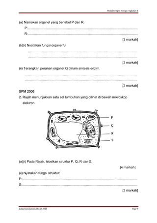Modul Sempoi Biologi Tingkatan 4
Zulkarnain Jamaluddin @ 2015 Page 9
(a) Namakan organel yang berlabel P dan R.
P:........................................................................................................................
R:........................................................................................................................
[2 markah]
(b)(i) Nyatakan fungsi organel S.
.......................................................................................................................
.......................................................................................................................
[2 markah]
(ii) Terangkan peranan organel Q dalam sintesis enzim.
...........................................................................................................................
...........................................................................................................................
[2 markah]
SPM 2006
2. Rajah menunjukkan satu sel tumbuhan yang dilihat di bawah mikroskop
elektron.
(a)(i) Pada Rajah, lebelkan struktur P, Q, R dan S.
[4 markah]
(ii) Nyatakan fungsi struktur:
P:..............................................................................................................................
S:..............................................................................................................................
[2 markah]
 
