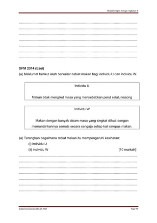 Modul Sempoi Biologi Tingkatan 4
Zulkarnain Jamaluddin @ 2015 Page 98
.................................................................................................................................
.................................................................................................................................
.................................................................................................................................
.................................................................................................................................
.................................................................................................................................
.................................................................................................................................
.................................................................................................................................
SPM 2014 (Esei)
(a) Maklumat berikut ialah berkaitan tabiat makan bagi individu U dan individu W.
Individu U
Makan tidak mengikut masa yang menyebabkan perut selalu kosong
Individu W
Makan dengan banyak dalam masa yang singkat diikuti dengan
memuntahkannya semula secara sengaja setiap kali selepas makan.
(a) Terangkan bagaimana tabiat makan itu mempengaruhi kesihatan:
(i) individu U
(ii) individu W [10 markah]
.................................................................................................................................
.................................................................................................................................
.................................................................................................................................
.................................................................................................................................
.................................................................................................................................
.................................................................................................................................
.................................................................................................................................
 