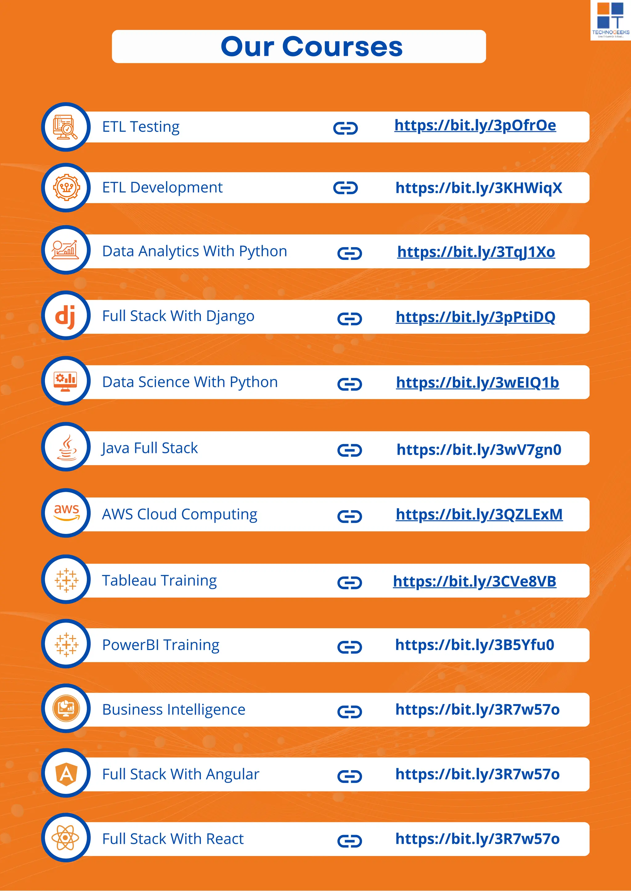 PowerBI Training https://bit.ly/3B5Yfu0
ETL Testing https://bit.ly/3pOfrOe
ETL Development https://bit.ly/3KHWiqX
Full Stack With Django https://bit.ly/3pPtiDQ
Data Science With Python https://bit.ly/3wEIQ1b
Java Full Stack https://bit.ly/3wV7gn0
AWS Cloud Computing https://bit.ly/3QZLExM
Tableau Training https://bit.ly/3CVe8VB
Our Courses
Business Intelligence https://bit.ly/3R7w57o
Full Stack With Angular https://bit.ly/3R7w57o
Full Stack With React https://bit.ly/3R7w57o
Data Analytics With Python https://bit.ly/3TqJ1Xo
 