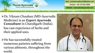 Dr. Vikram Chauhan (MD-Ayurvedic
Medicine) is an Expert Ayurveda
Consultant in Chandigarh (India).
has vast experience of herbs and
their applied uses.
He has successfully treated
numerous patients suffering from
various ailments, throughout the
world.
Mail : herbalremedies123@yahoo.com
Contact : +91-172-521-4030
Website : www.planetayurveda.com
 