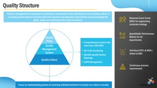  Comprehensive system with
more than 350 SOPs
 QC & QA monitoring
 Monthly Quality Review
Meetings
 CAPA Management
Focus on implementing policies & nurturing individual behavior to sustain our culture of quality
Quality Structure 7
Balanced Score Cards
(BSC) for augmenting
corporate strategy
Individual KPI’s & KRA’s
linked to BSC
Continuous process
improvement
Quantifiable Performance
Metrics for all
departments
“Veeda’s management is committed to continuous improvement in the effectiveness of our Quality culture, to
providing quality research solutions that meet sponsor and regulatory requirements and to protecting the
rights, safety and well being of the study volunteers”
Quality Culture
Quality
Management
System
Quality
Policy
 