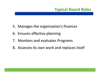 Typical Board Roles
5. Manages the organization’s finances
6 Ensures effective planning6. Ensures effective planning
7. Monitors and evaluates Programs 
8. Assesses its own work and replaces itself
10
 