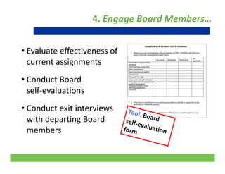 4. Engage Board Members…
• Evaluate effectiveness of 
current assignments
• Conduct Board 
self‐evaluations 
• Conduct exit interviews 
with departing Boardwith departing Board 
members
22
 