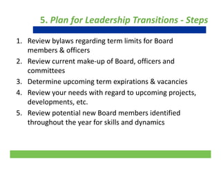 5. Plan for Leadership Transitions ‐ Steps
1. Review bylaws regarding term limits for Board 
members & officers
2. Review current make‐up of Board, officers and 
committees
3. Determine upcoming term expirations & vacancies
4. Review your needs with regard to upcoming projects, y g p g p j ,
developments, etc.
5. Review potential new Board members identified 
throughout the year for skills and dynamics
23
 