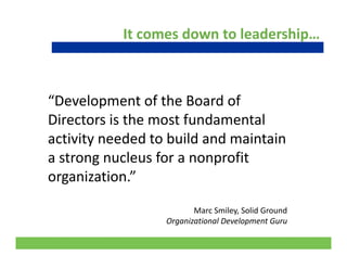 It comes down to leadership…
“Development of the Board of 
Di t i th t f d t lDirectors is the most fundamental 
activity needed to build and maintain 
a strong nucleus for a nonprofit 
organization.” 
Marc Smiley, Solid Ground
O i i l D l G
6
Organizational Development Guru
 