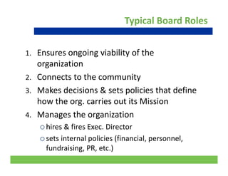Typical Board Roles
1. Ensures ongoing viability of the1. Ensures ongoing viability of the 
organization
2 Connects to the community2. Connects to the community
3. Makes decisions & sets policies that define 
h th i t it Mi ihow the org. carries out its Mission
4. Manages the organization
 hires & fires Exec. Director
 sets internal policies (financial, personnel, 
9
fundraising, PR, etc.)
 