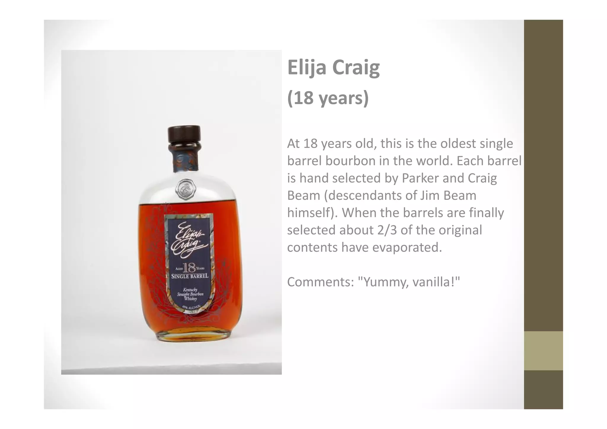 Elija Craig
(18 years)

At 18 years old, this is the oldest single
barrel bourbon in the world. Each barrel
is hand selected by Parker and Craig
Beam (descendants of Jim Beam
himself). When the barrels are finally
selected about 2/3 of the original
contents have evaporated.

Comments: "Yummy, vanilla!"
 