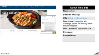 #brandedbots 108
About This Bot
Name: Airbnb
Platform: iMessage
URL: Airbnb on iTunes Store
Description: Integration with
iMessage, allows for booking within
the conversation
Date Launched: September 2016
Developer:
Results/Notes:
 