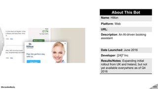 #brandedbots 111
About This Bot
Name: Hilton
Platform: Web
URL:
Description: An AI-driven booking
assistant
Date Launched: June 2016
Developer: [24]7 Inc
Results/Notes: Expanding initial
rollout from UK and Ireland, but not
yet available everywhere as of Q4
2016
 