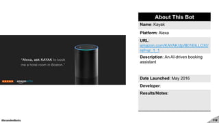 #brandedbots 112
About This Bot
Name: Kayak
Platform: Alexa
URL:
amazon.com/KAYAK/dp/B01EILLOXI/
ref=sr_1_1
Description: An AI-driven booking
assistant
Date Launched: May 2016
Developer:
Results/Notes:
 