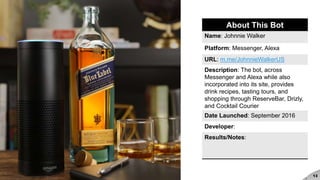 #brandedbots 13
About This Bot
Name: Johnnie Walker
Platform: Messenger, Alexa
URL: m.me/JohnnieWalkerUS
Description: The bot, across
Messenger and Alexa while also
incorporated into its site, provides
drink recipes, tasting tours, and
shopping through ReserveBar, Drizly,
and Cocktail Courier
Date Launched: September 2016
Developer:
Results/Notes:
 