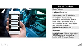 #brandedbots 17
About This Bot
Name: Valassis
Platform: Messenger
URL: (via partners; B2B strategy)
Description: Display nearby
dealerships, estimate cars’ trade-in
value, set up test drive & service
appointments, secure a prequalified
loan. Licensed to dealers.
Date Launched: March 2017
Developer:
Results/Notes: Feldman Automotive:
100,000 people served monthly,
leading to 50-60 car purchases
 