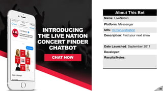 #brandedbots 30
About This Bot
Name: LiveNation
Platform: Messenger
URL: m.me/LiveNation
Description: Find your next show
Date Launched: September 2017
Developer:
Results/Notes:
 