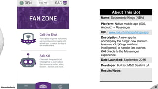 #brandedbots 37
About This Bot
Name: Sacramento Kings (NBA)
Platform: Native mobile app (iOS,
Android) + Messenger
URL: www.nba.com/kings/kings-app
Description: A new app to
accompany the Kings’ new stadium
features KAI (Kings Artificial
Intelligence) to handle fan queries;
KAI directs to the Messenger
experience
Date Launched: September 2016
Developer: Built.io, M&C Saatchi LA
Results/Notes:
 