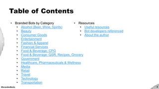 #brandedbots 4
Table of Contents
• Branded Bots by Category
• Alcohol (Beer, Wine, Spirits)
• Beauty
• Consumer Goods
• Entertainment
• Fashion & Apparel
• Financial Services
• Food & Beverage: CPG
• Food & Beverage: QSR, Recipes, Grocery
• Government
• Healthcare, Pharmaceuticals & Wellness
• Media
• Retail
• Travel
• Technology
• Transportation
• Resources
• Useful resources
• Bot developers referenced
• About the author
 