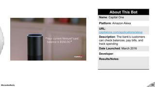 #brandedbots 53
About This Bot
Name: Capital One
Platform: Amazon Alexa
URL:
capitalone.com/applications/alexa
Description: The bank’s customers
can check balances, pay bills, and
track spending
Date Launched: March 2016
Developer:
Results/Notes:
 