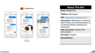 #brandedbots 55
About This Bot
Name: MasterCard
Platform: Messenger
URL: newsroom.mastercard.com
Description: Mastercard is launching
bots for bank and merchant powers to
provide AI-powered assistance to
consumers
Date Launched: October 2016
(announced)
Developer: Kasisto
Results/Notes:
 