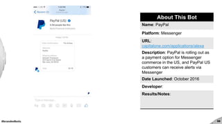 #brandedbots 56
About This Bot
Name: PayPal
Platform: Messenger
URL:
capitalone.com/applications/alexa
Description: PayPal is rolling out as
a payment option for Messenger
commerce in the US, and PayPal US
customers can receive alerts via
Messenger
Date Launched: October 2016
Developer:
Results/Notes:
 