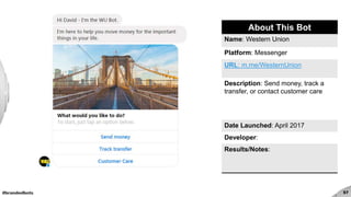 #brandedbots 57
About This Bot
Name: Western Union
Platform: Messenger
URL: m.me/WesternUnion
Description: Send money, track a
transfer, or contact customer care
Date Launched: April 2017
Developer:
Results/Notes:
 