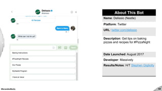#brandedbots 62
About This Bot
Name: Delissio (Nestle)
Platform: Twitter
URL: twitter.com/delissio
Description: Get tips on baking
pizzas and recipes for #PizzaNight
Date Launched: August 2017
Developer: Massively
Results/Notes: H/T Stephen Gigliotty
 