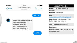 #brandedbots 71
About This Bot
Name: DOM the Pizza Bot by
Domino’s
Platform: Messenger
URL:
messenger.com/t/domthepizzabot/
Description: Use the Easy Order
button to get your pizza fix
Date Launched: August 2016
Developer:
Results/Notes: At the launch, it’s UK
and Ireland only
 