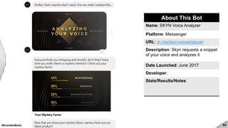#brandedbots 83
About This Bot
Name: SKYN Voice Analyzer
Platform: Messenger
URL: m.me/skynvoiceanalyzer
Description: Skyn requests a snippet
of your voice and analyzes it
Date Launched: June 2017
Developer:
Stats/Results/Notes:
 