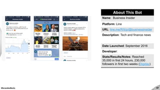 #brandedbots 87
About This Bot
Name: Business Insider
Platform: Line
URL: line.me/R/ti/p/@businessinsider
Description: Tech and finance news
Date Launched: September 2016
Developer:
Stats/Results/Notes: Reached
35,000 in first 24 hours, 230,000
followers in first two weeks (Digiday)
 