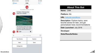 #brandedbots 88
About This Bot
Name: CNN
Platform: Kik
URL: bots.kik.com/#/cnn
Description: Explore topics, save
favorite stories for later, and get
personalized news recommendations
Date Launched: July 2016
Developer:
Stats/Results/Notes:
 