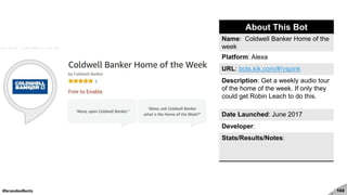 #brandedbots 102
About This Bot
Name: Coldwell Banker Home of the
week
Platform: Alexa
URL: bots.kik.com/#/vspink
Description: Get a weekly audio tour
of the home of the week. If only they
could get Robin Leach to do this.
Date Launched: June 2017
Developer:
Stats/Results/Notes:
 