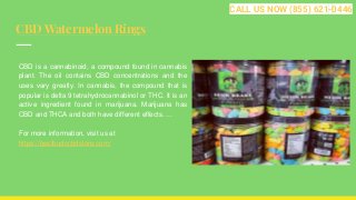 CBD Watermelon Rings
CBD is a cannabinoid, a compound found in cannabis
plant. The oil contains CBD concentrations and the
uses vary greatly. In cannabis, the compound that is
popular is delta 9 tetrahydrocannabinol or THC. It is an
active ingredient found in marijuana. Marijuana has
CBD and THCA and both have different effects. ...
For more information, visit us at
https://bestbudscbdstore.com/
CALL US NOW (855) 621-0446
 