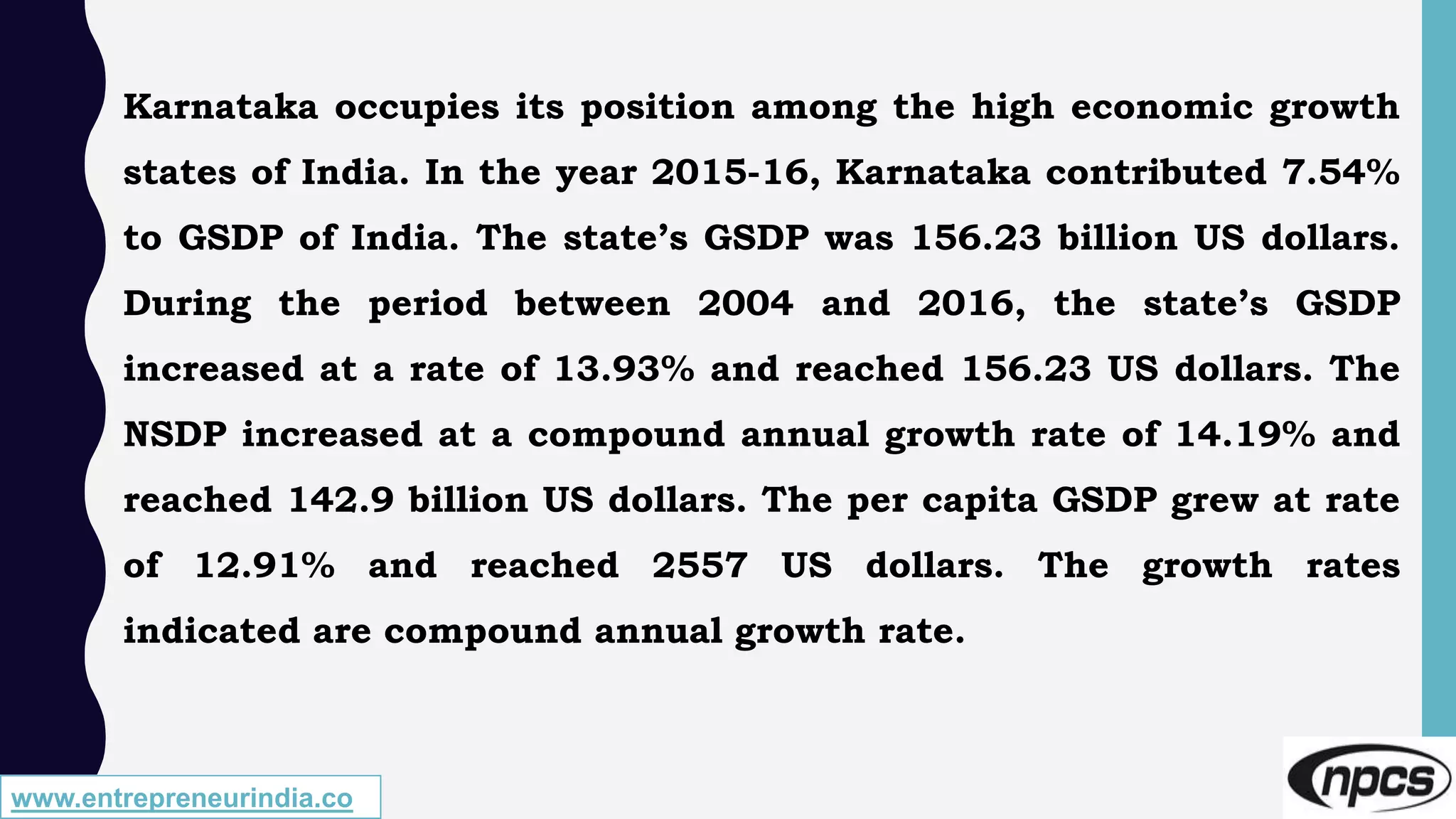 www.entrepreneurindia.co
Karnataka occupies its position among the high economic growth
states of India. In the year 2015-16, Karnataka contributed 7.54%
to GSDP of India. The state’s GSDP was 156.23 billion US dollars.
During the period between 2004 and 2016, the state’s GSDP
increased at a rate of 13.93% and reached 156.23 US dollars. The
NSDP increased at a compound annual growth rate of 14.19% and
reached 142.9 billion US dollars. The per capita GSDP grew at rate
of 12.91% and reached 2557 US dollars. The growth rates
indicated are compound annual growth rate.
 
